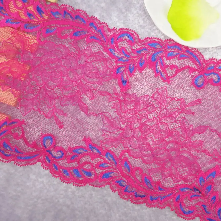 Растягивающаяся эластичная кружевная ткань #113 с розовыми кружевами шириной 16 см