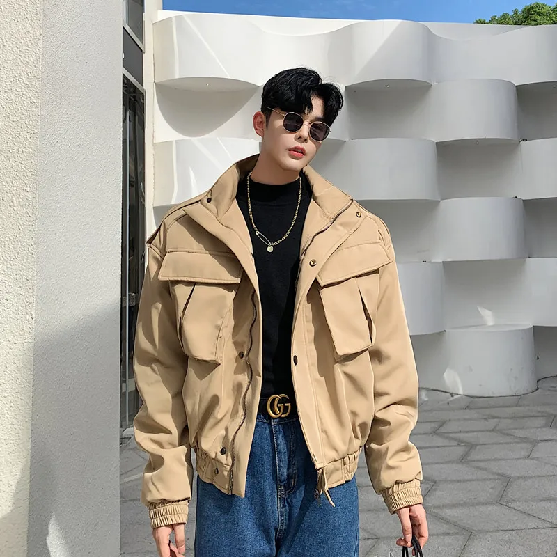 Autumn Men Vintage Tide Brand Multi-Pocket Short Tooling Stand-Up Collar Jacket Male Handsome Thick Loose Cotton Clothing /M-XXL