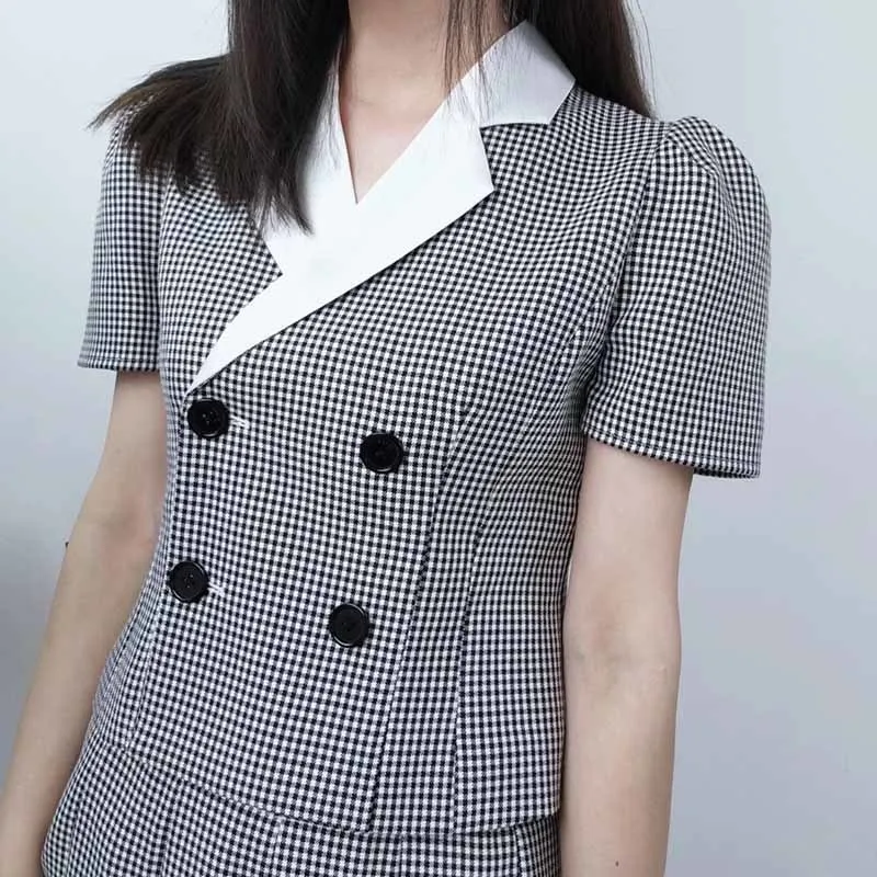 

GALCAUR Plaid Casual Two Piece Set For Women Lapel Short Sleeve Coats High Waist Pleated Skirts Hit Color Sets Female 2021 Style