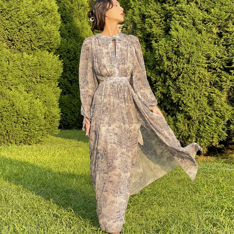 

Женское винтажное платье макси с длинным рукавом, Элегантное повседневное платье с цветочным принтом и вырезами, Пляжное платье в Корейско...