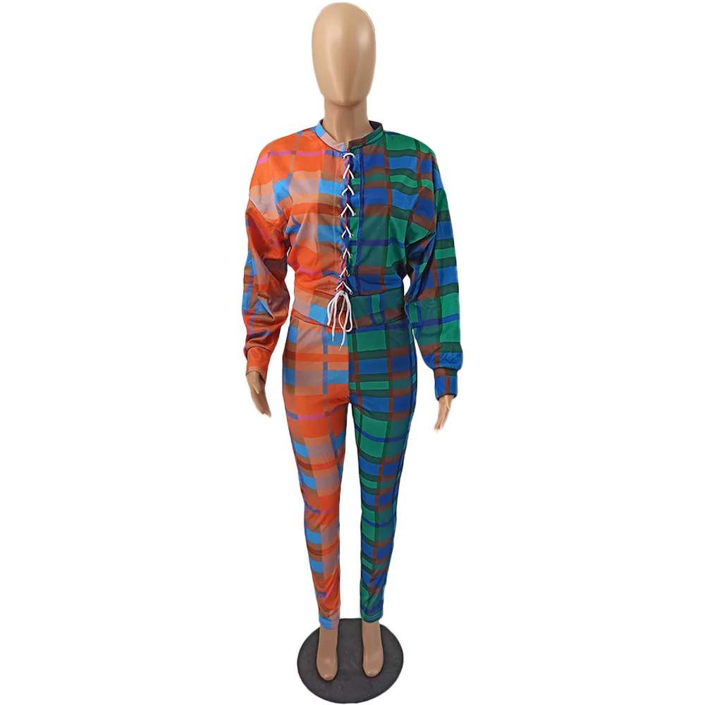 

Casual Two Piece Clothes Women Fashion Plaid Printed Patchwork Lace up Long Sleeve Top and Elastic High Waist Trousers Tracksuit