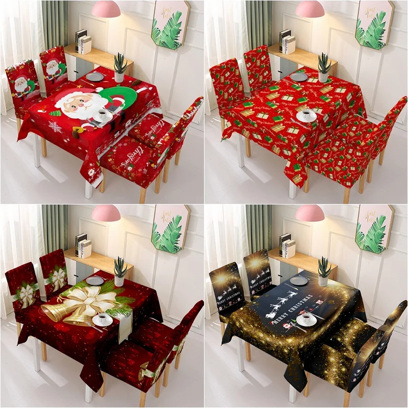 

Toalha de mesa natal natal jantar cadeira capa à prova dwaterproof água elástica papai noel jantar mesa capa pano para festa