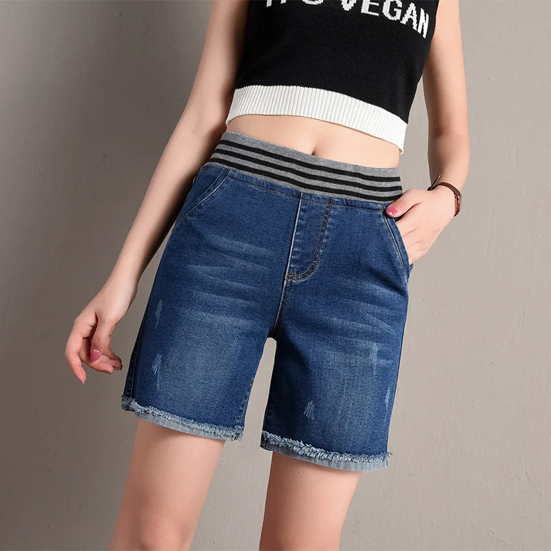

Summer Womens Fashion Denim Shorts Elastic Waist Leisure Comfortable Straight Female Jeans Short Five Points Pants