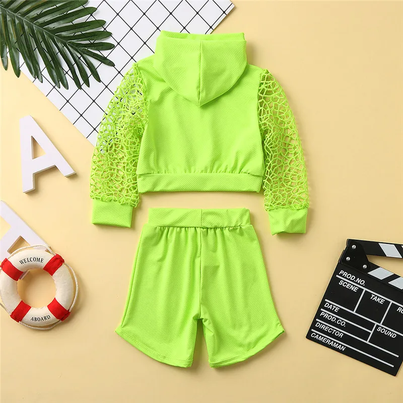 Summer Toddler Kids Baby Girl Clothes Hollow Out Solid Long Sleeve Hodded Tops Shorts Pants 2Pcs Outfits Sport Set |
