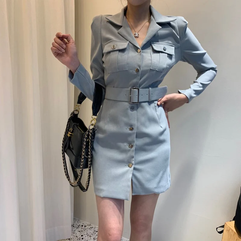 Trytree Autumn Winter Women Casual Dress Turn-down Collar Single Breasted Pockets Belt 5 Colour Slim fit Fashion Mini Dress - Цвет: Blue