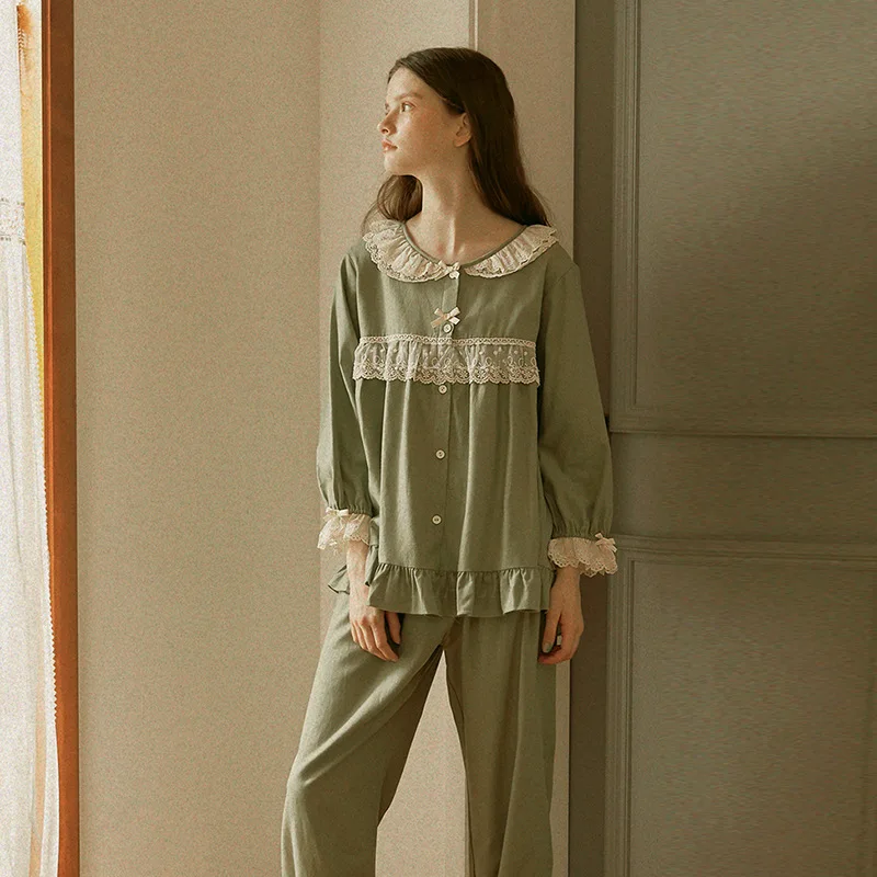 

Хлопковая одежда для сна, Женский пижамный комплект из 2 предметов, рубашка и брюки с кружевом, одежда для отдыха, Осеннее новое нижнее белье,...