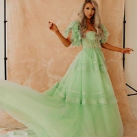 mint lace and tulle formal party dress short sleeve tunic sweetheart a line long women dresses for photography prom gown