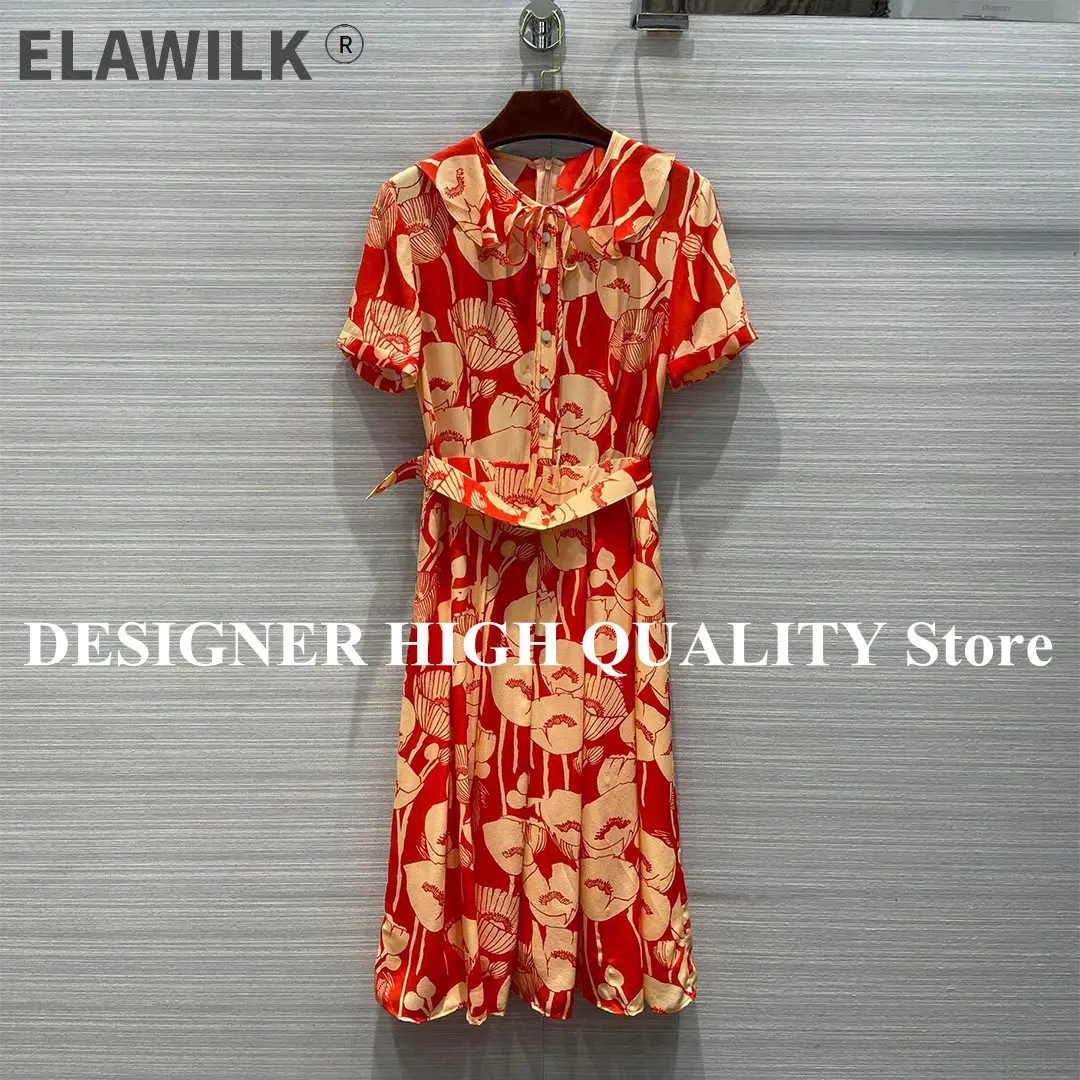 

Женское длинное платье из 100% шелка, красное платье в стиле ретро с цветочным принтом, милые брюки с круглым воротником и коротким рукавом, с ...