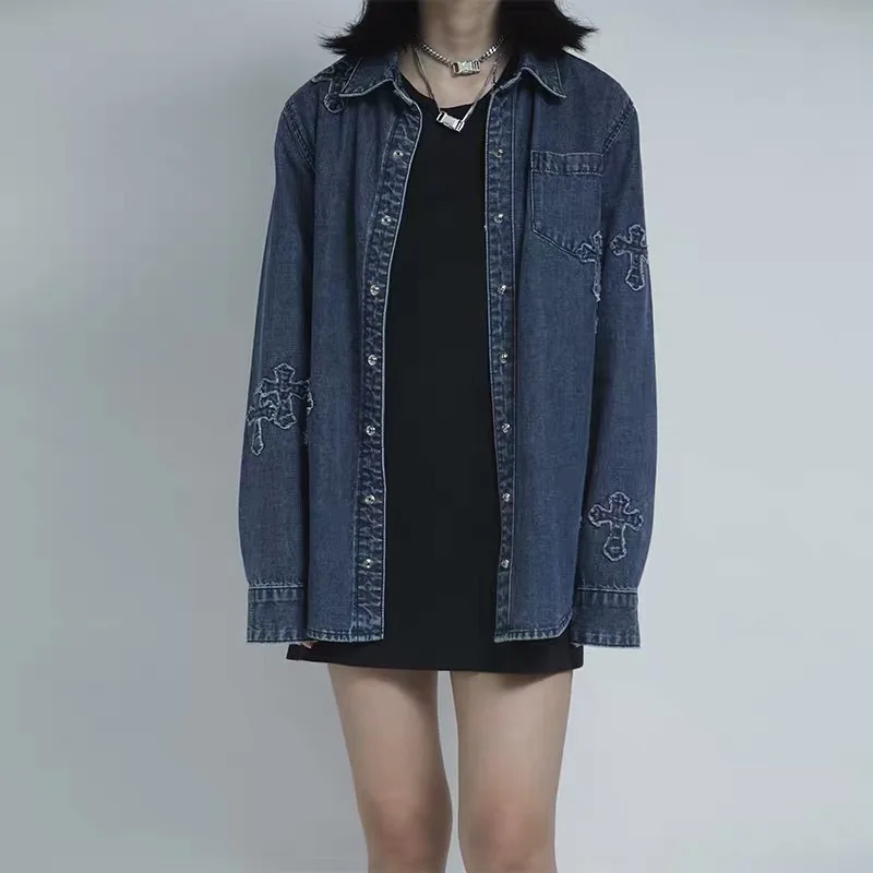 

High Street Men Women Embroidered Cross Denim Shirt Casual Denim Jacket Jackets Lovers Couples Heavy Industry Shirts