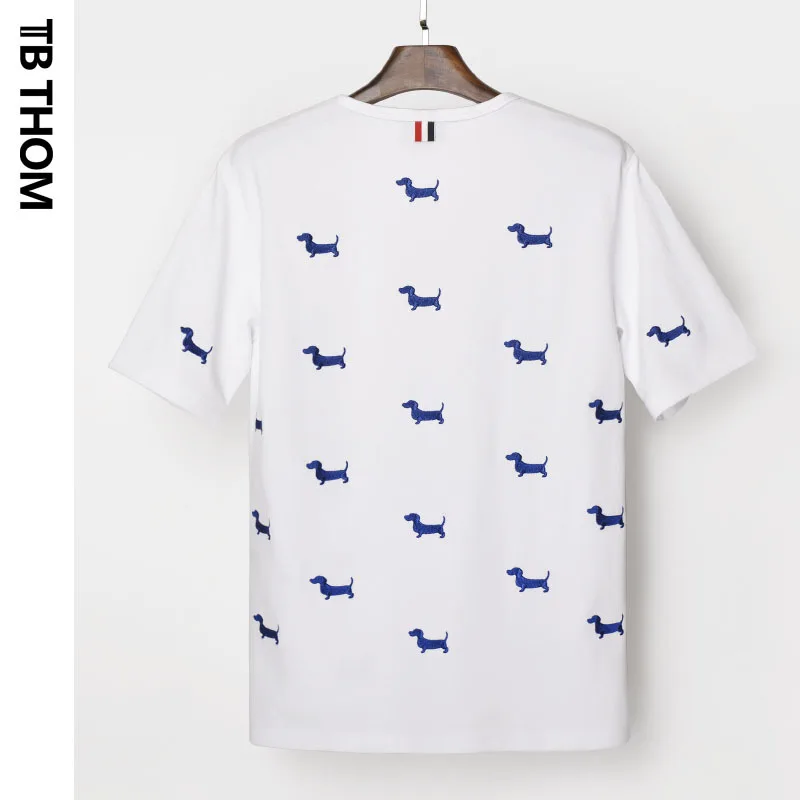 

THOM men's TB o-neck short sleeve t-shirts with blue embroidery dog summer casual tees men cotton white t-shirts male youth