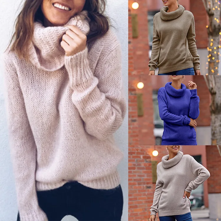 

2021 New Amazon Wish Hot Selling Style Pure Color Long Sleeve High Neck Pullover Autumn Winter Sweater