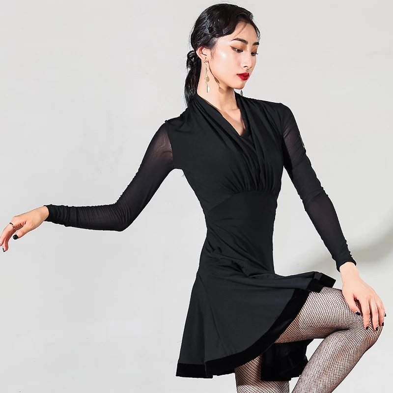 

Autumn Long Sleeve Dress Latin Dance Costume Winter Latin Practice Wear Adult Performance Clothing Women Latin Dance Dress L2879