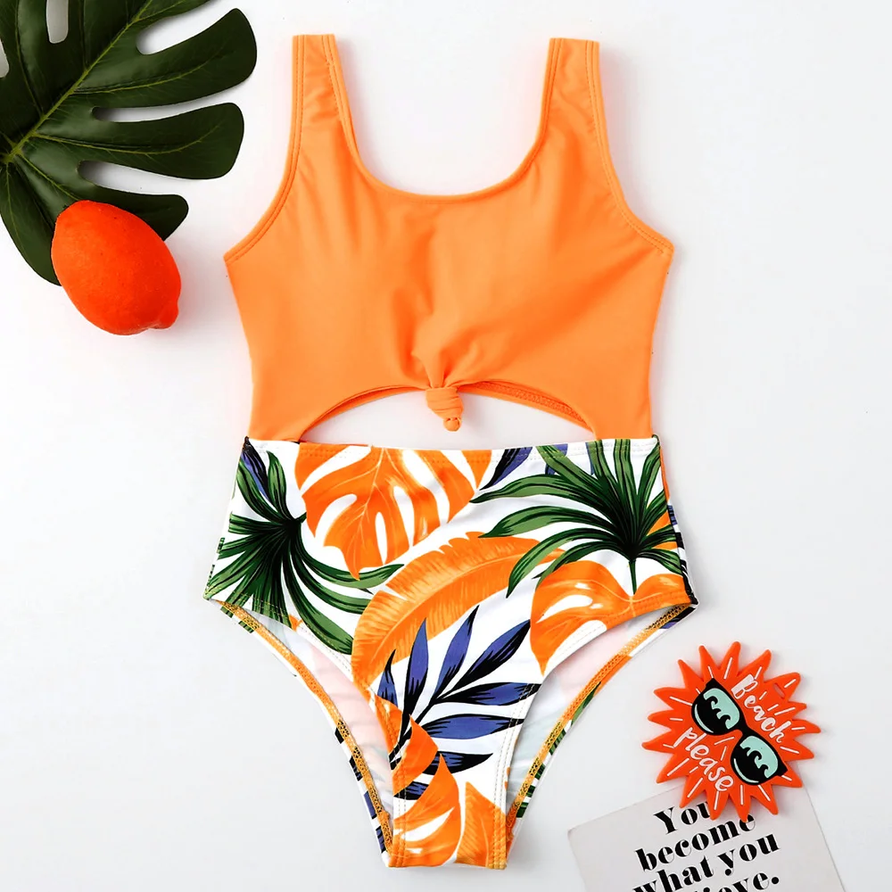 

Tropical Palm Print Girls One Piece Swimsuit Cut Out Girl Bathing Suit Monokini Knot Hem Children's Swimwear 7-14Years Beachwear