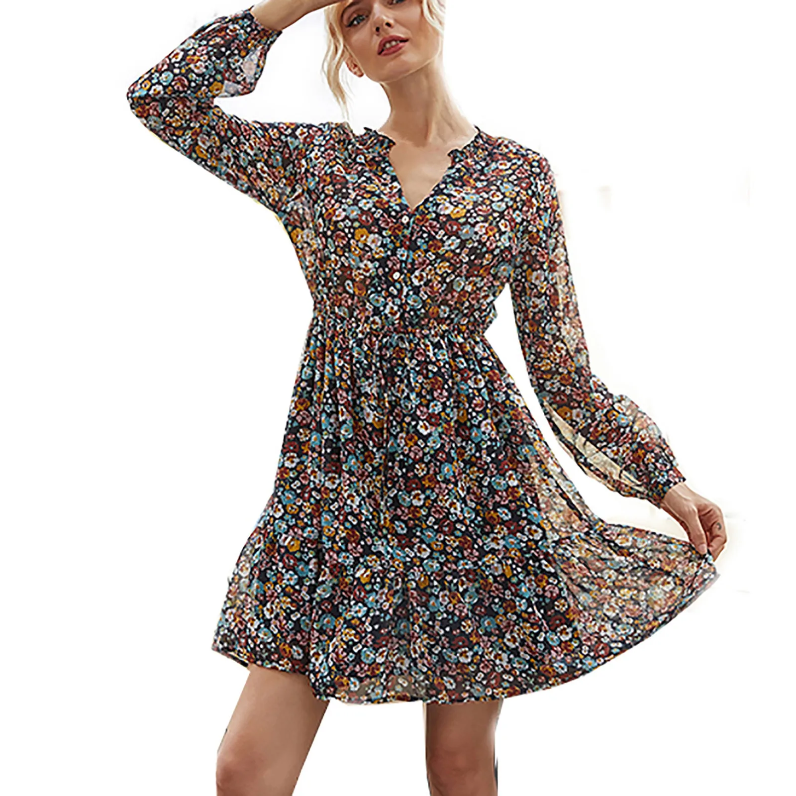 

Women's Dress Bohemia A-line Printing Dress V-neck Fashion Long Sleeve Draped Casual Splicing Mini Dress Vestido De Mujer #294