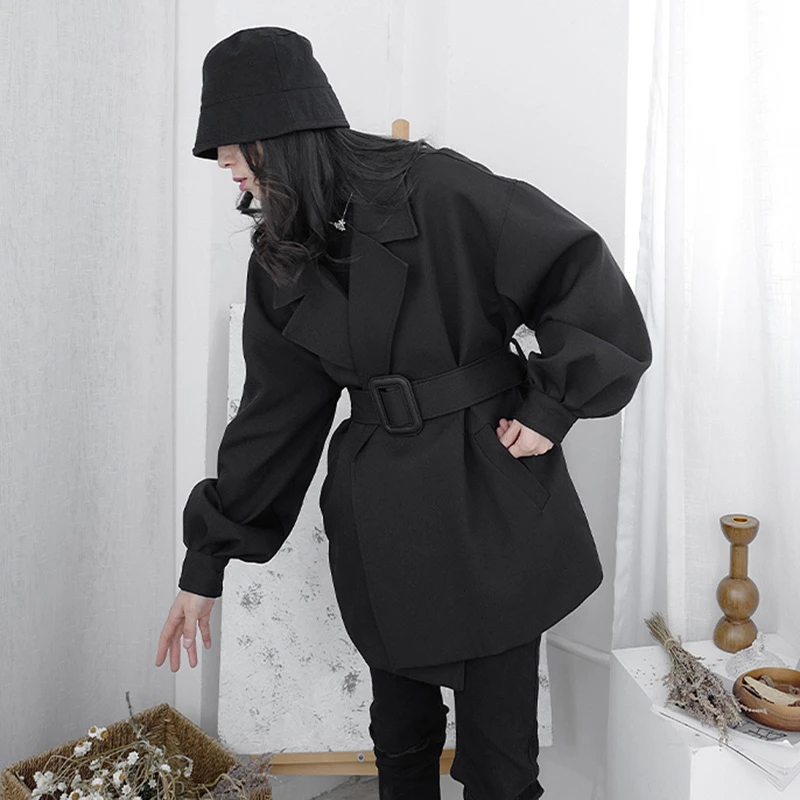 

Black Adjustable Women Belt Trench New Lapel Long Sleeve Loose Fit Windbreaker Fashion Tide Spring Autumn 2021 1DD1119
