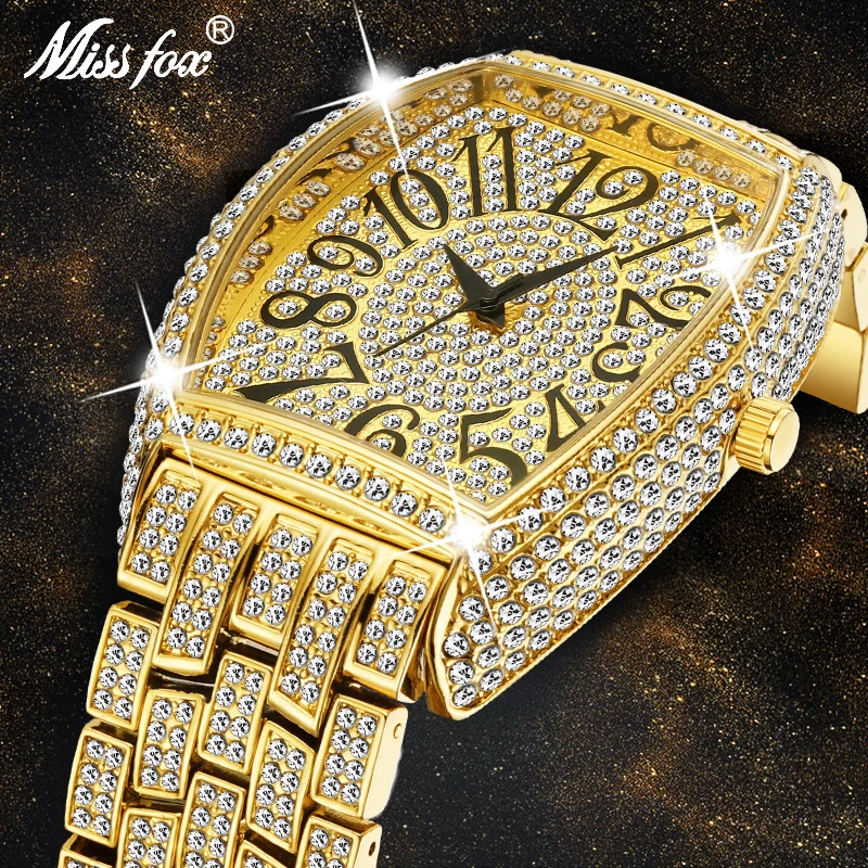 

MISSFOX Man Bracelet Stainless Steel Big Dial Fully Diamond Bling Luxury Bussiness RM Watch For Men Gift 2020 Relógio Masculino