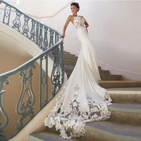 elegant wedding dress white v neck floor floral cutout lace mermaid spaghetti sleeves wedding party de fiesta robe de soiree