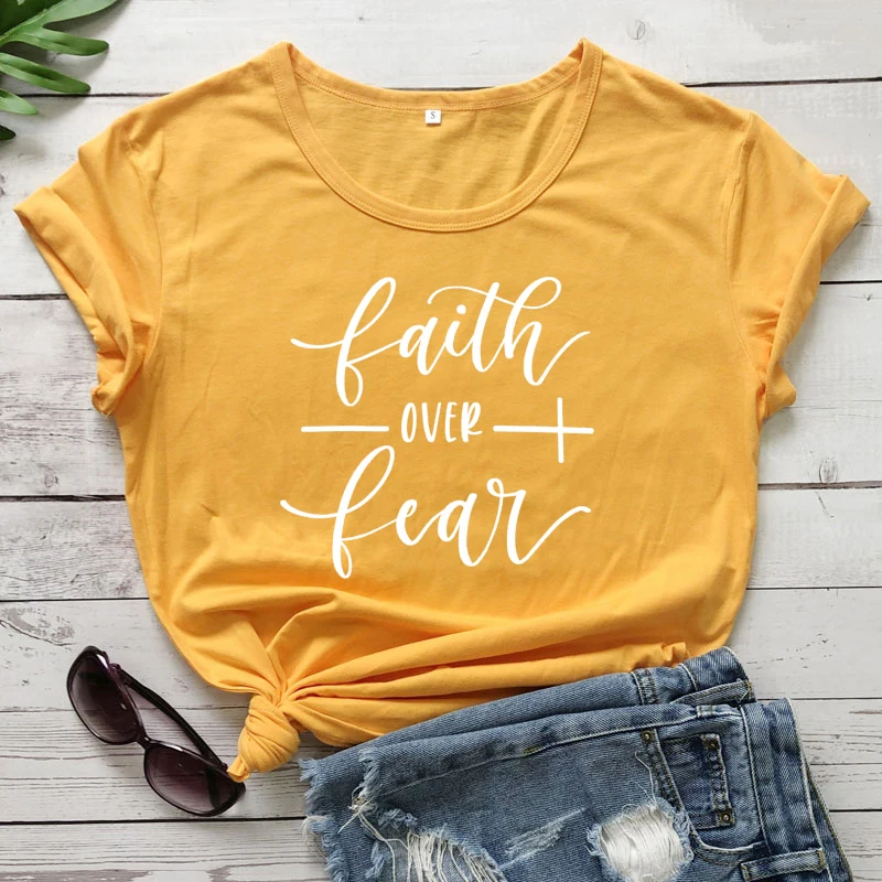 yellow-white text Faith Over Fear футболка женская модная вдохновленная Религиозная Христианская Церковь топы футболки Повседневная летняя графическая футболка tumblr наряд - Цвет: yellow-white text