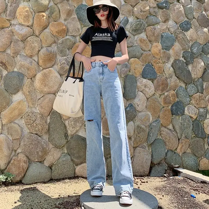 Прямые джинсы с высокой талией для женщин, Осенние Синие широкие брюки в Корейском стиле, Стрейчевые прямые джинсы всех размеров