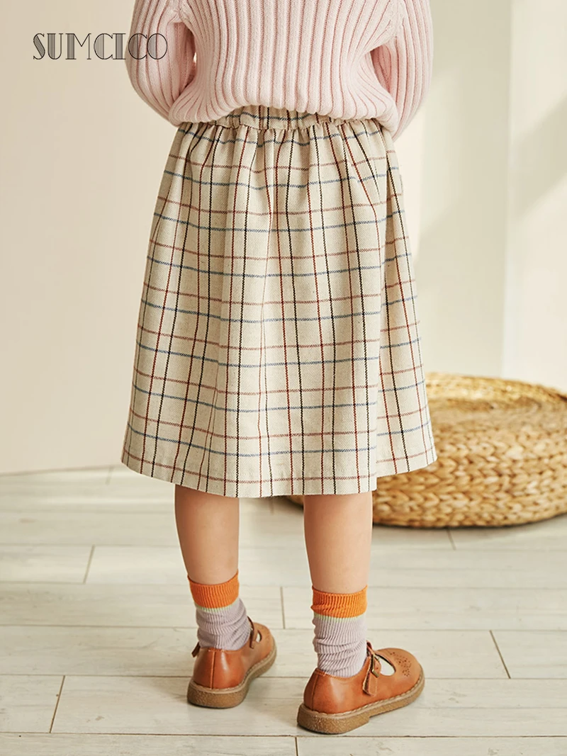 Sumcico 2020ss/fw Latest Girls Woolen Skirt Soft Warm Cute Style Elastic waist Button Pocket Decoration Dailywear Age2-15Y | Детская