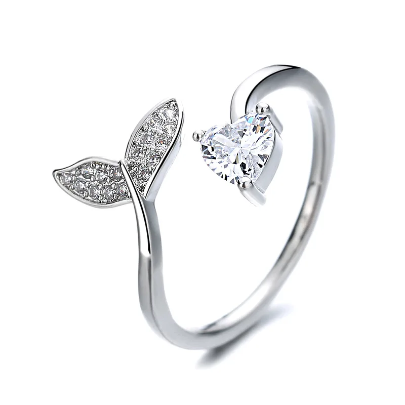 

Designer Style Silver Animal Whale Tail Fish Rings 925 Heart shaped zircon Ocean Style Rings For Women Girl Friend Gift