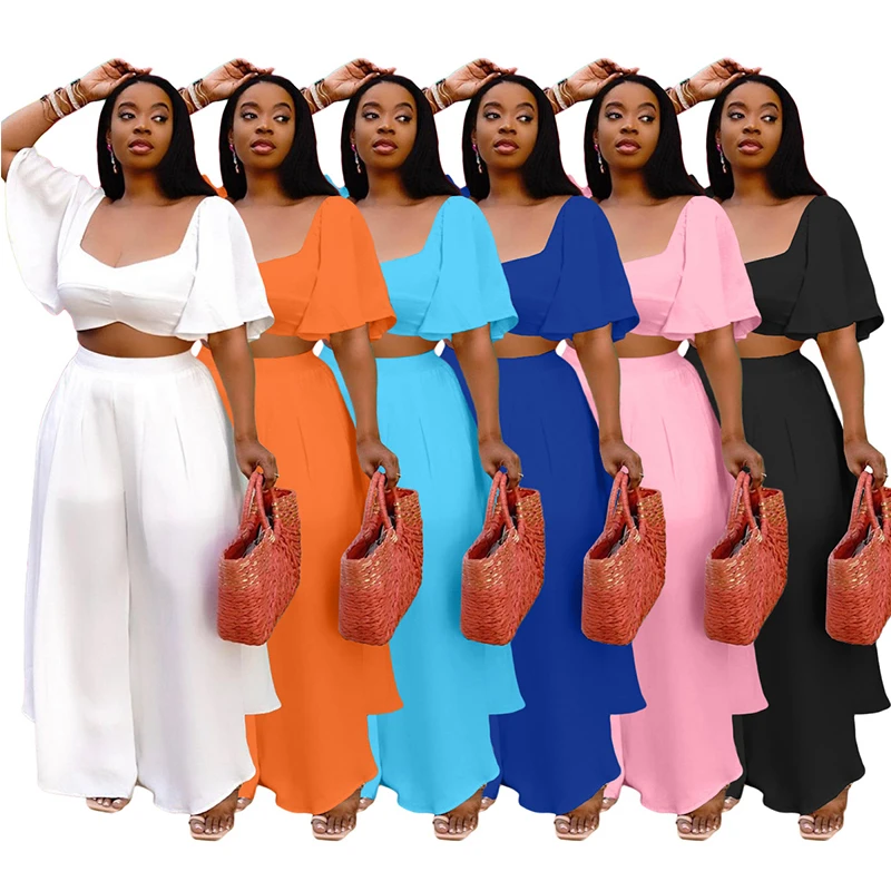 

Повседневный комплект из 3 предметов, женские короткий топ с рюшами и широкие брюки, модный свободный комплект, летняя одежда для ночного кл...