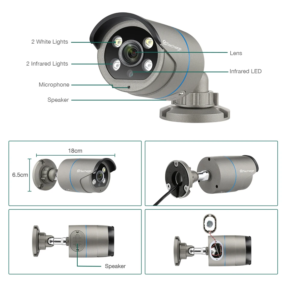 Techage 1080P POE IP Камера двухканальную аудиосвязь 48V Onvif 2MP AI видео оповещения на