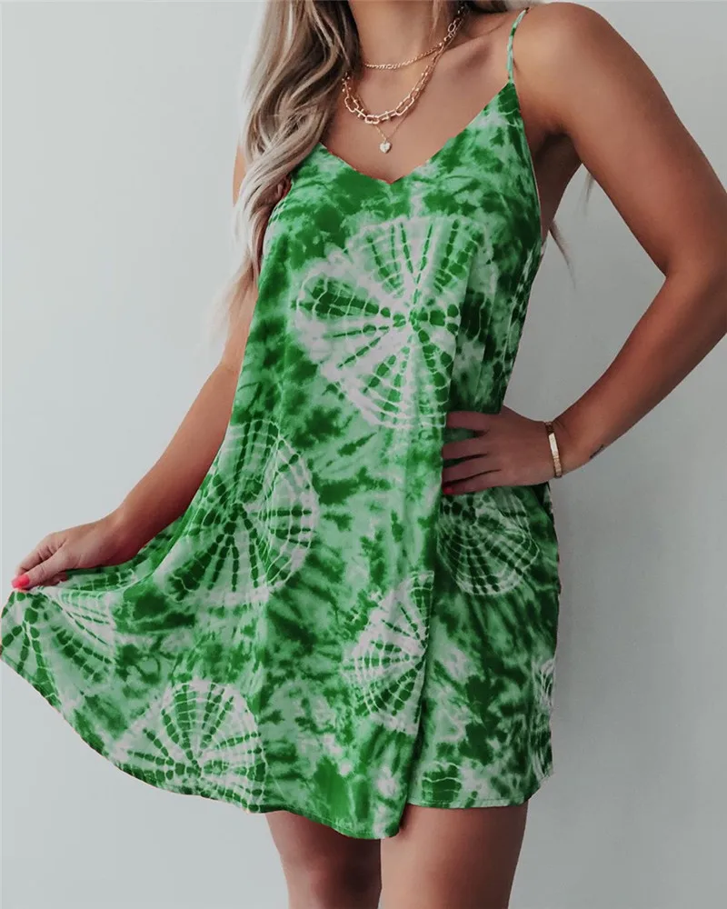 

2021 Summer Dress Woman Dress Sexy Printing Bohemian Beach Spaghetti Strap Camisole Casual Y196