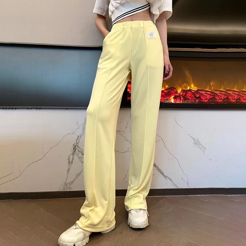 

VGH White Casual Straight Trousers For Women Elastic High Waist Full Length Solid Wide Leg Pants Female 2021 Spring Fashion Tide