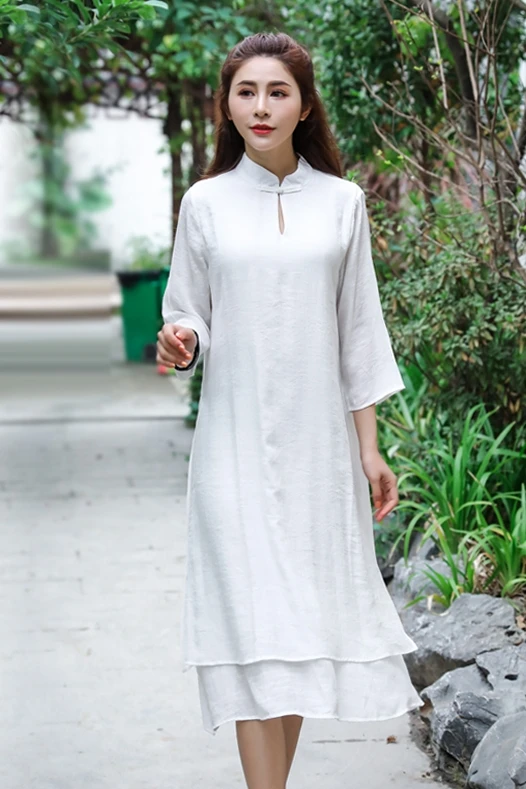 

COIGARSAM Cotton Linen Women dress New Summer Dresses Green White 1228