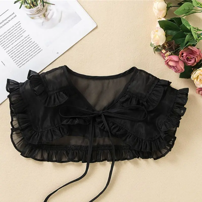 

Y1UE Japanese Preppy Style Women Girls Doll Tiered Ruffles Fake Collar Shouder Wrap Student Adjustable Ribbon Bowknot Bottoming