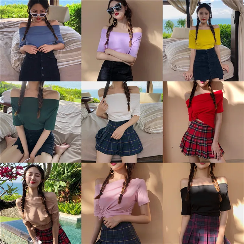 

New Tee Tops Women Tshirt Cotton Slash Neck Short Crop Top Sweet Fashion Girl 2020 T-shirt Women Clothing Ullzang Tops Plus Size