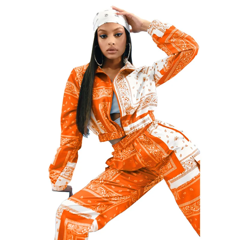 

Casual Blue Print Two Pieces Pant Set Women Long Sleeve Zipper Top And Long Pants Suit Sportwear Vintage Matching Set Outfits