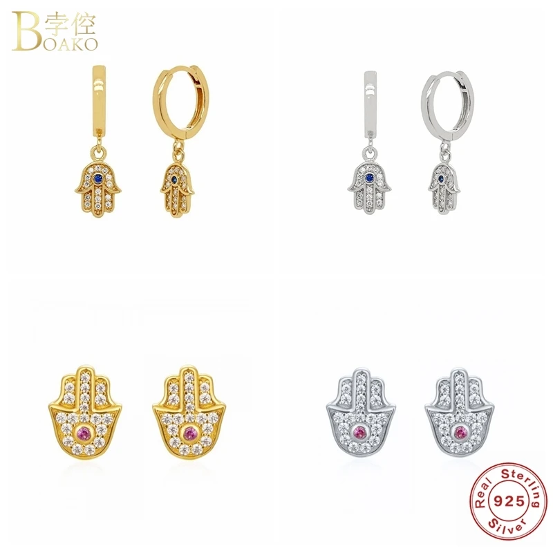 

Boako Real S925 Sterling Silver Drop Earrings For Women Wheel Hamsa Hand CZ Crystal Piercing Earring Zircon CZ Jewelry orecchini