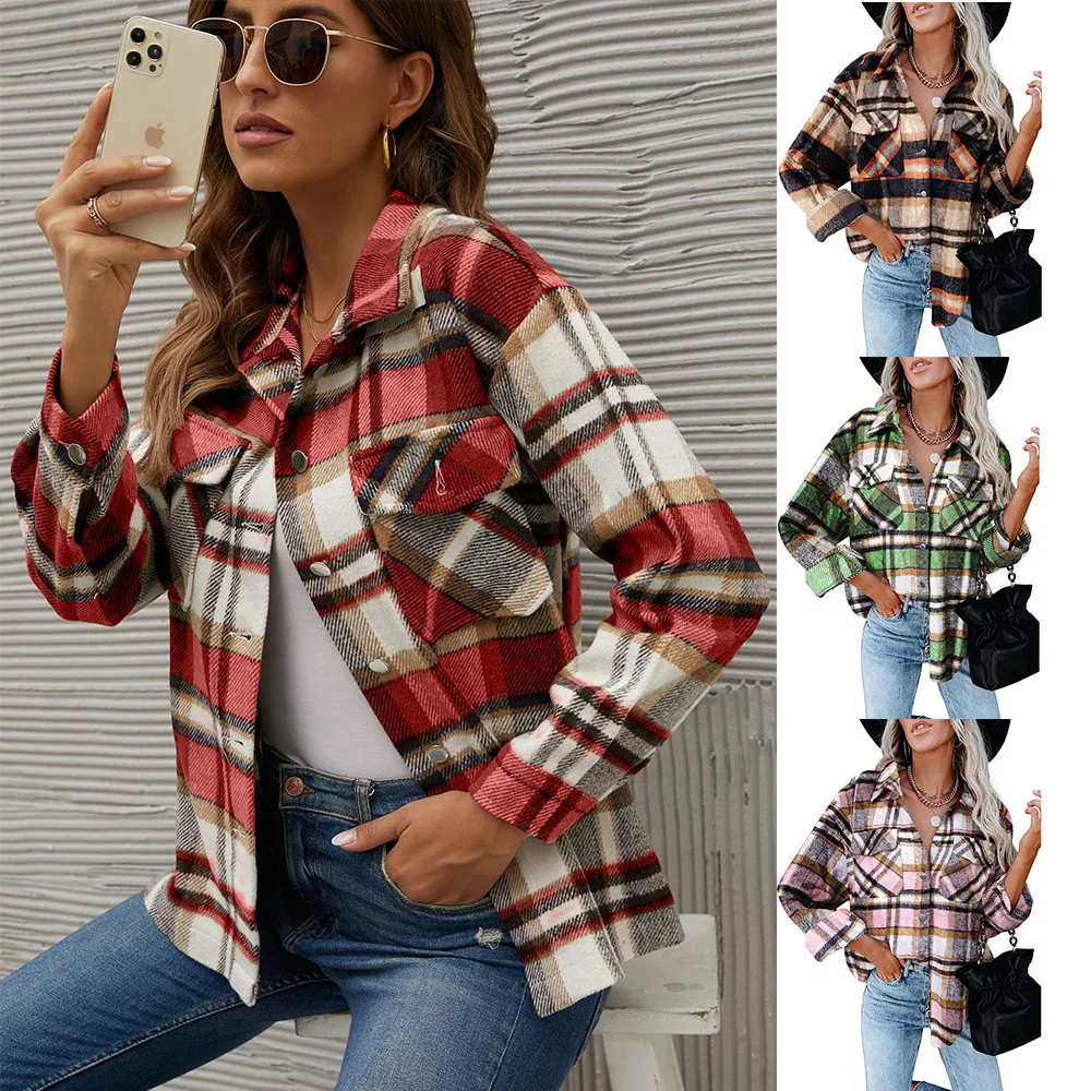 

Women's 2021 autumn and winter loose woolen plaid shirt buttoned jacket