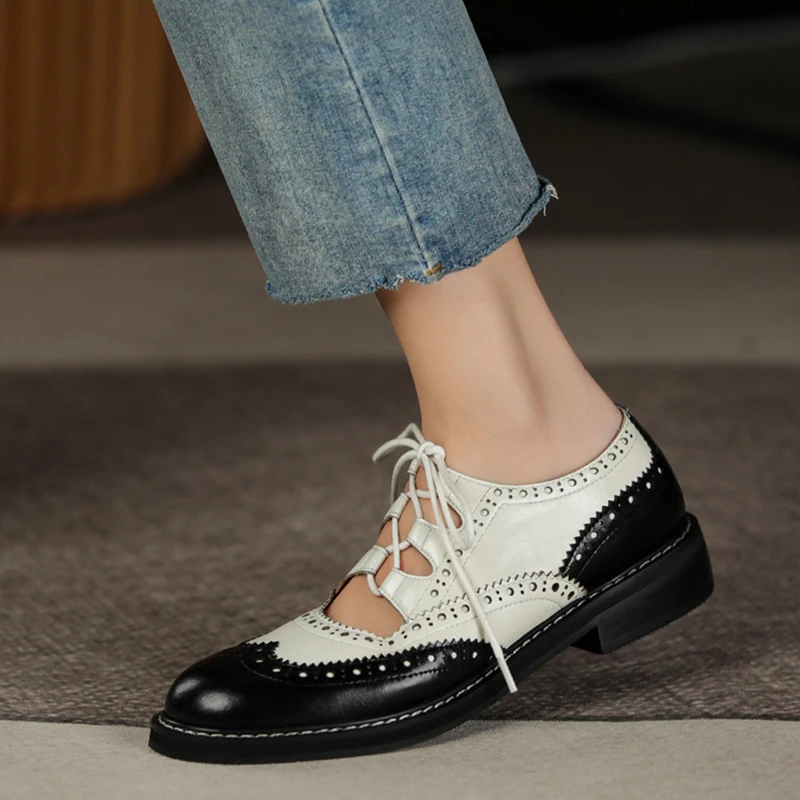

Women Genuine Leather Oxford Shoes Round Toe Black White Lady Lace Up Brogues Loafers Casual Shoes for Women Leather Shoes 2021
