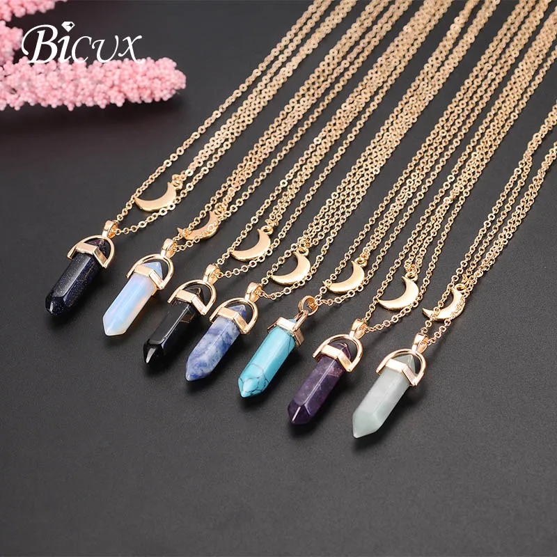 

BICUX Hexagonal Column Natural Stone Pendant Necklaces for Women Men Fashion Vintage Ethnic Long Link Chain Necklace Jewelry