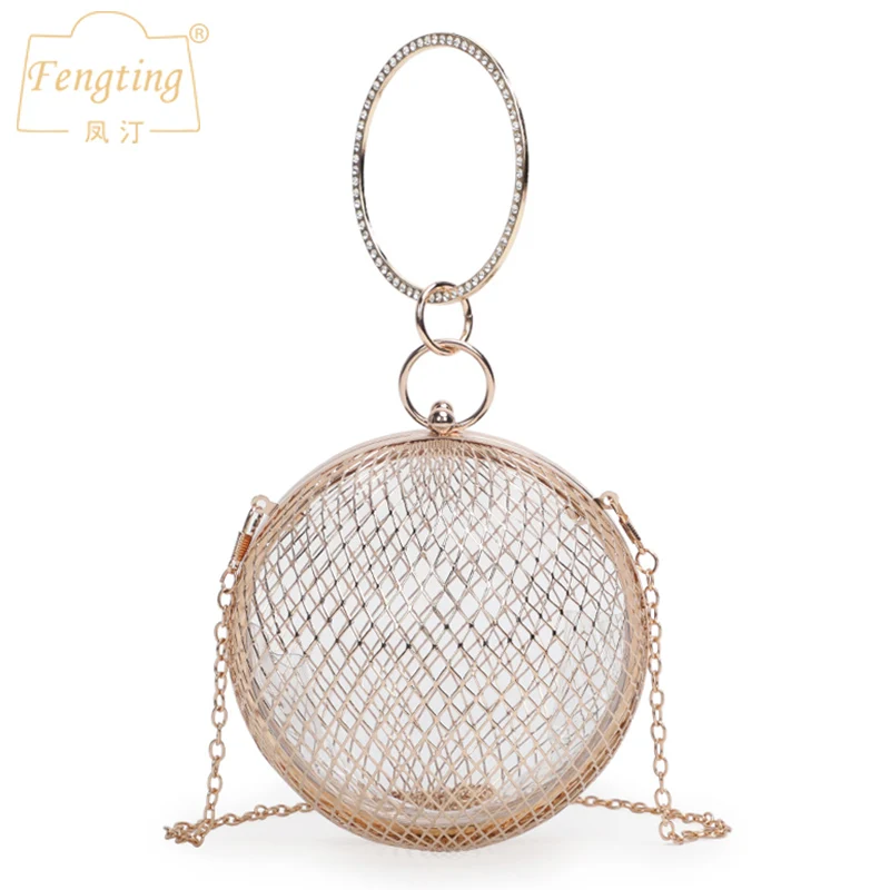 

Hollow Metal Round Clutch Evening gold Cages Ladies Luxury Wedding Party Purse handbag women's mini shoulder bag FTB233