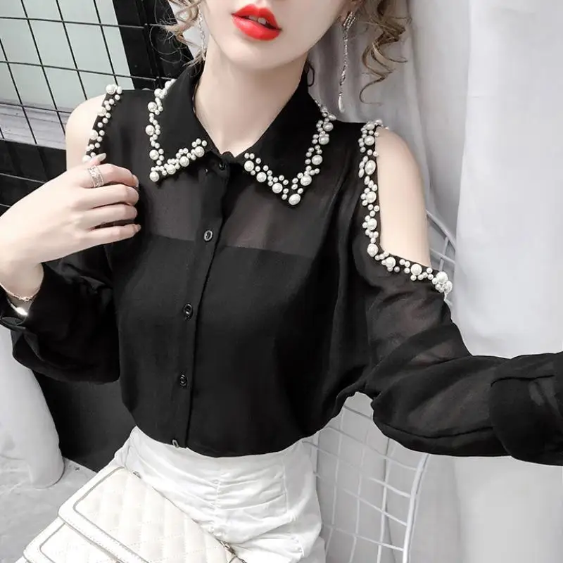 

Blouse Women Shirt 2020 Korean Style Long Sleeve off-the-Shoulder Chiffon Blouses for Women Blusas Ropa De Mujer