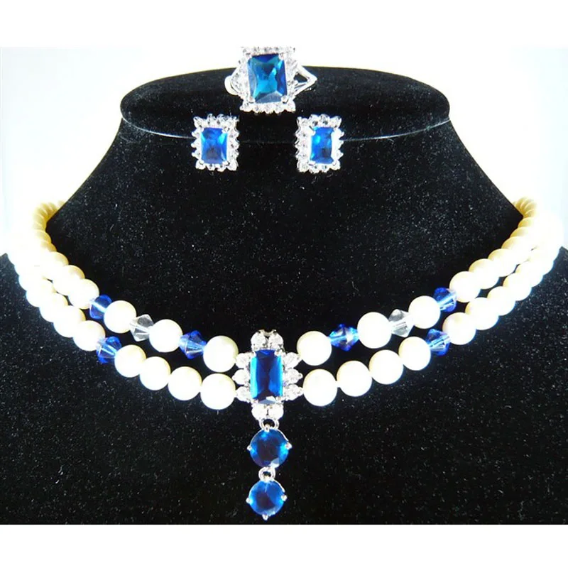 

Blue Crystal 6-7mm Freshwater Pearl Choker Zircon Pendant Women Necklace Earrings Ring Jewelry Set Bridal Wedding Party Gift 3pc
