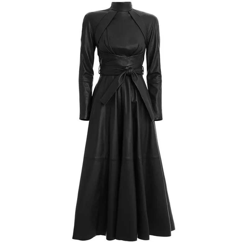 2019 осеннее подиумное одноцветное женское платье из искусственной кожи с длинным