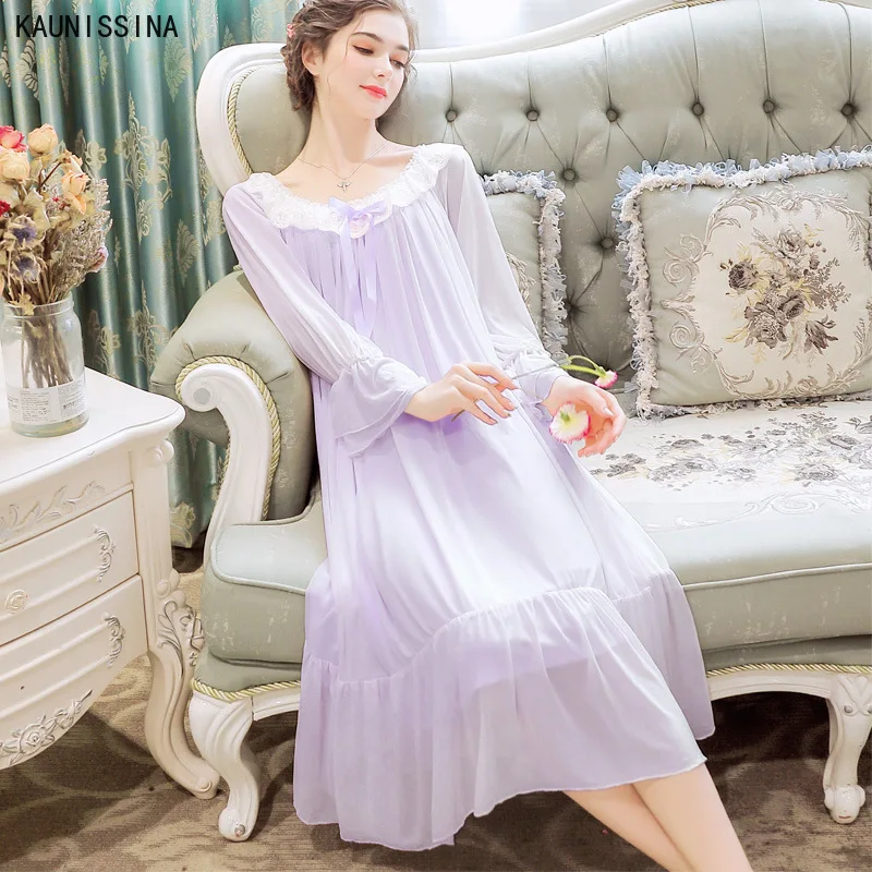 

Women Long Sleeve Nightdress Modal Lace Spring Autumn Palace Princess Dress Sweet Long Nightgown Female Nighty Homewear