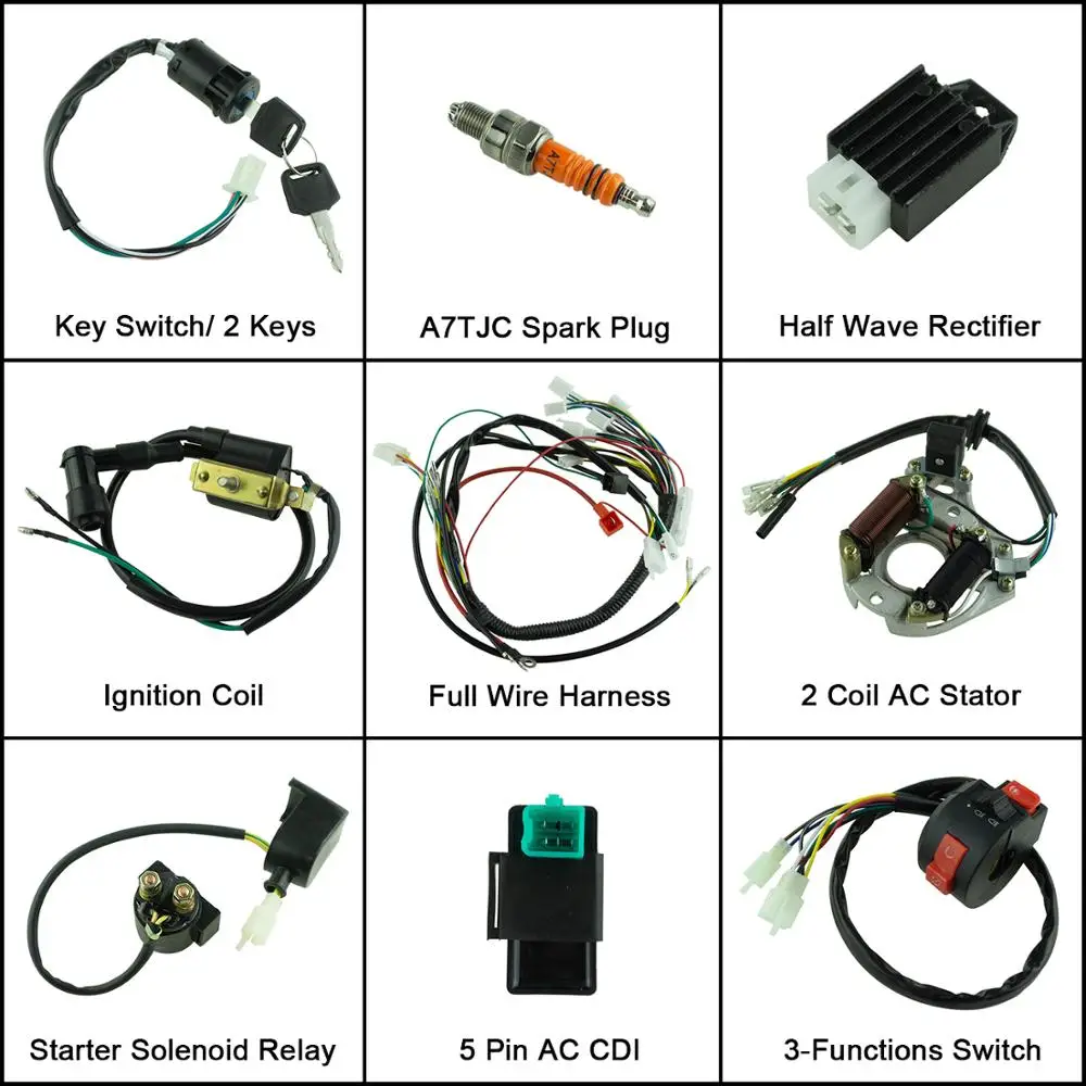 

Full Electrics Wiring Harness AC CDI Coil Kill Switch Spark Plug for 50cc 70cc 90cc 110cc 125cc ATV Quad Pit Bike Buggy Go Kart