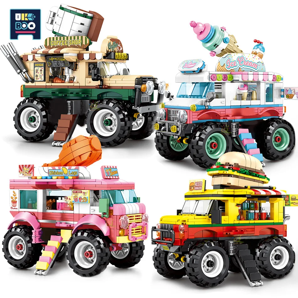 

UKBOO город ланч-фургон с рисунком гамбургер и мороженое для модель грузовика строительные блоки Вид из окна для жареной курицы Кофе автомоби...