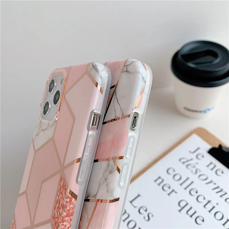 

Plating Pink Green Trapezoid Marble Phone Case for iPhone 12 Pro Max 11 XR XS X 7 8 Plus 12Mini SE 2020 Soft IMD Luxury Cover
