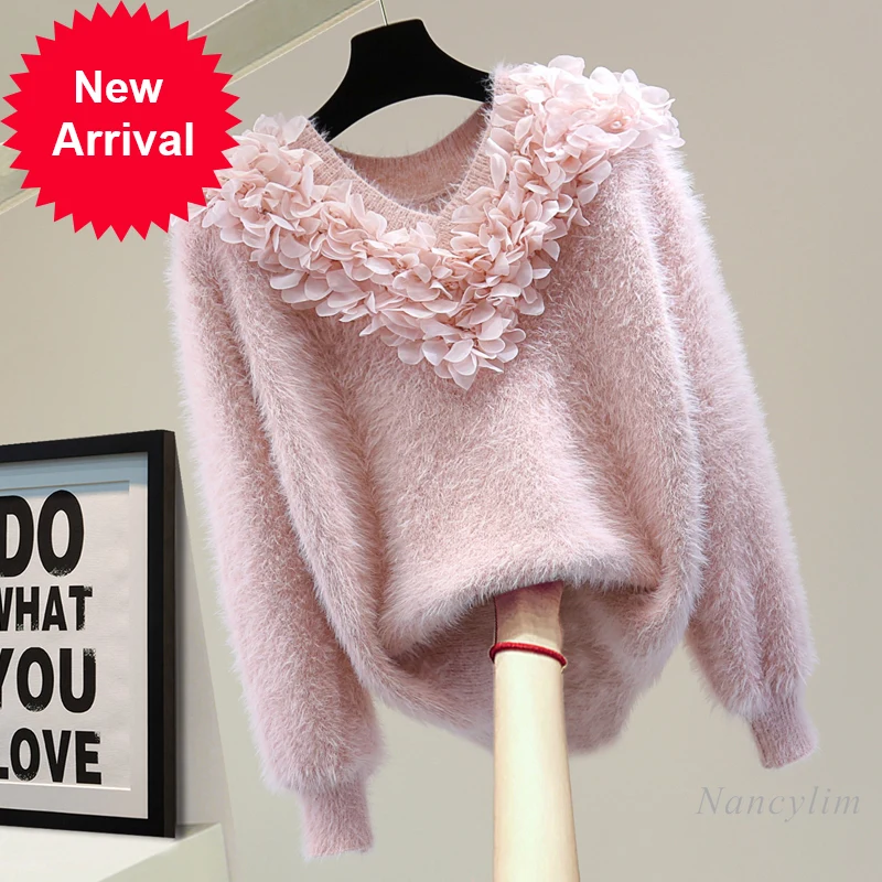 

Floral V Neck Sweater for Women 2021 Autumn Winter Korean Style Industry Beads Diamond Solid Color Mohair Top Fashion Knitwear