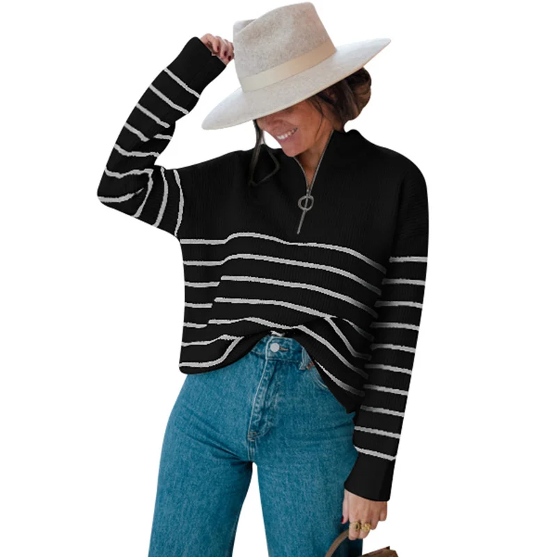 

2021 Autumn Winter Striped Colorful Sweater Female New Zipper Open-chest Knitted Pullover Oversized Casual Elegant Tops Sweater