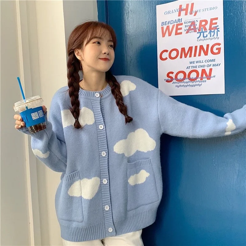 

Женский вязаный кардиган с большими карманами, повседневный Свободный теплый кардиган с круглым вырезом, с синим небом и белыми облаками, О...