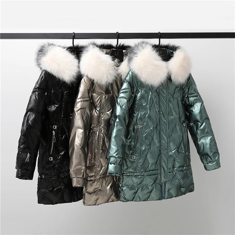 

Women Casual Warm Glossy Parka Coat New Fashion Black White Fur Collar Winter Jacket Female Office Lady
