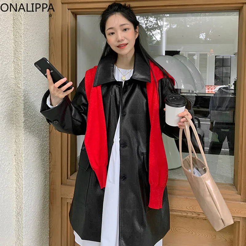 

Женская куртка средней длины Onalippa из искусственной кожи, с большими карманами, свободная повседневная универсальная куртка в стиле ретро, О...